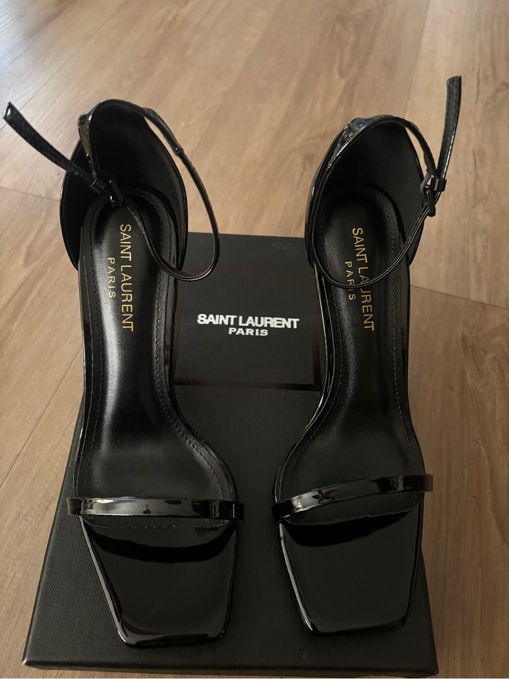 Saint Laurent Black Patent Ankle-Strap Square-Toe Sandals